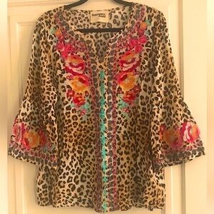 Savanna Jane Leopard Print Embroidery Blouse Tan Brown Pink Cream NEW with Tag